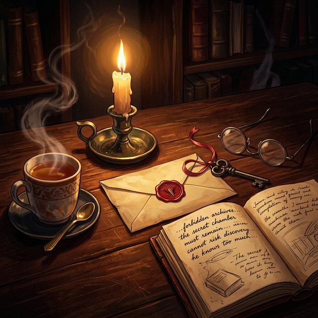 A candlelit desk with a sealed letter, wax stamp, and leather-bound journal