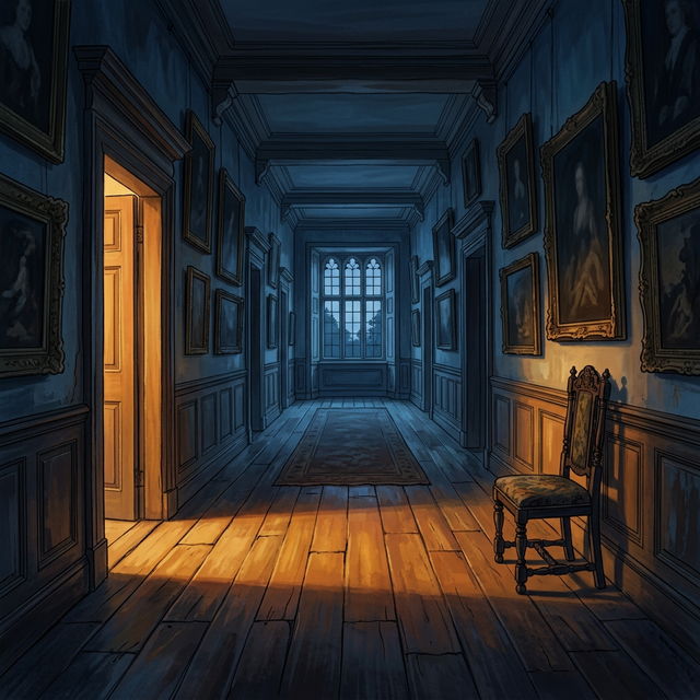 A long manor hallway with warm light spilling from a doorway