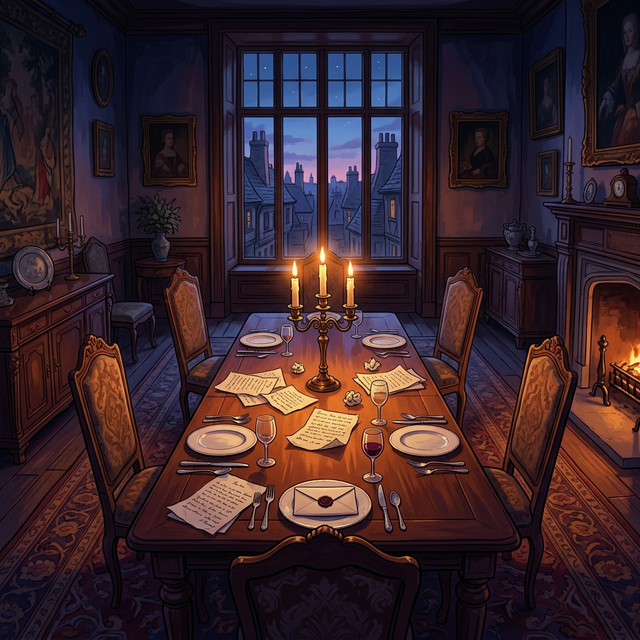 A richly furnished dining room with a long table set for six, candelabra, and scattered handwritten notes