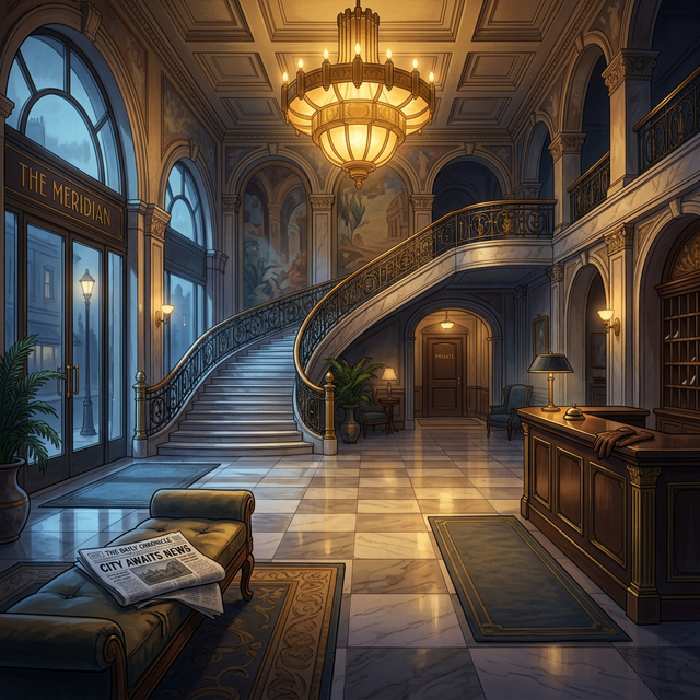 A grand 1920s hotel lobby with a marble staircase and chandelier