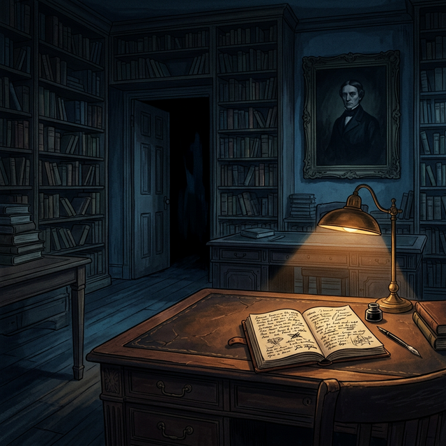 A dim Victorian study with floor-to-ceiling bookshelves and an open journal on the desk
